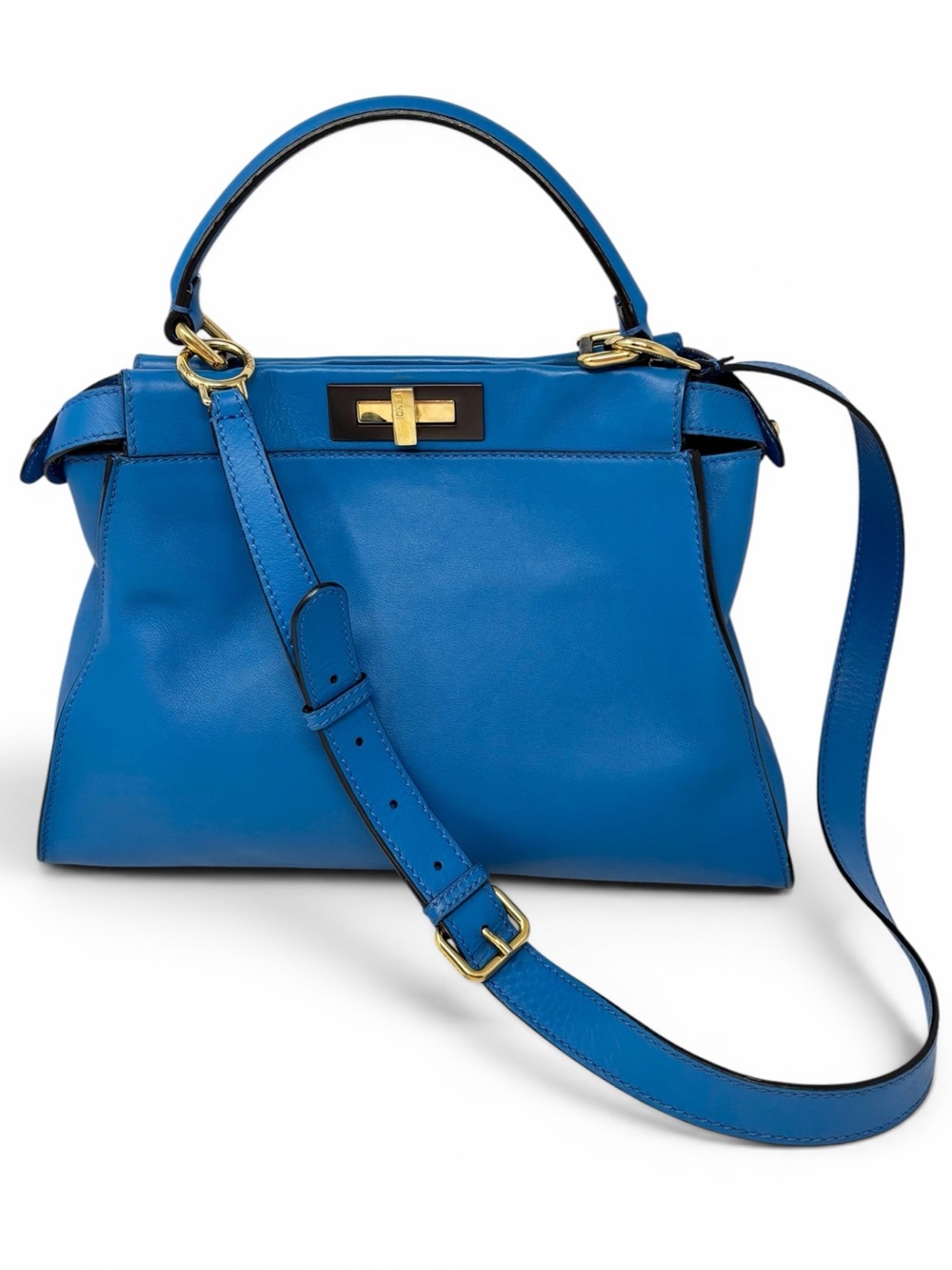 Fendi Peekaboo Regular 8BN290 Electric Blue Leather Top Handle Crossbody Bag